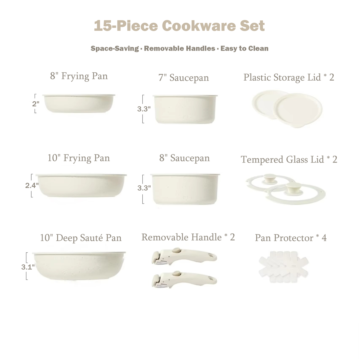 Nonstick Cookware Set with Removable Handles – 15/17 Piece Pots & Pans, Induction & Oven Safe
