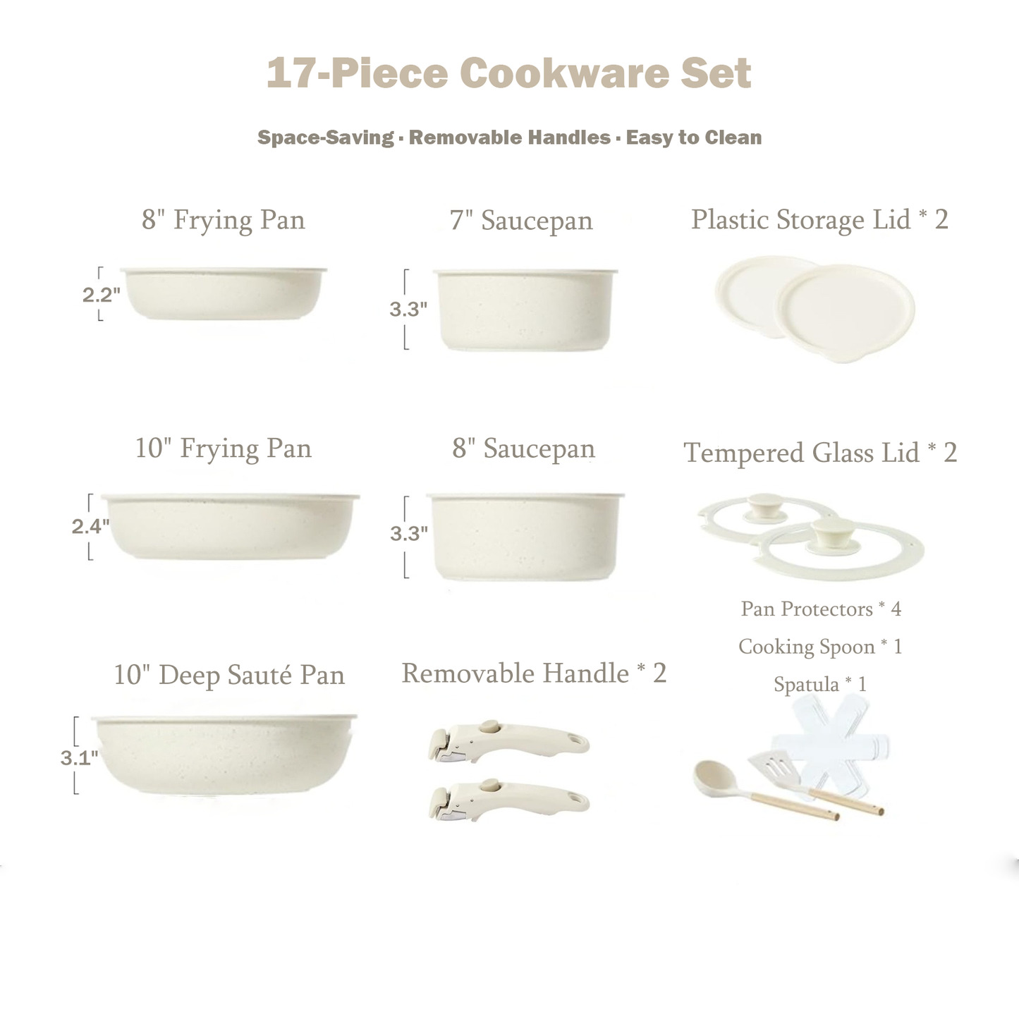 Nonstick Cookware Set with Removable Handles – 15/17 Piece Pots & Pans, Induction & Oven Safe